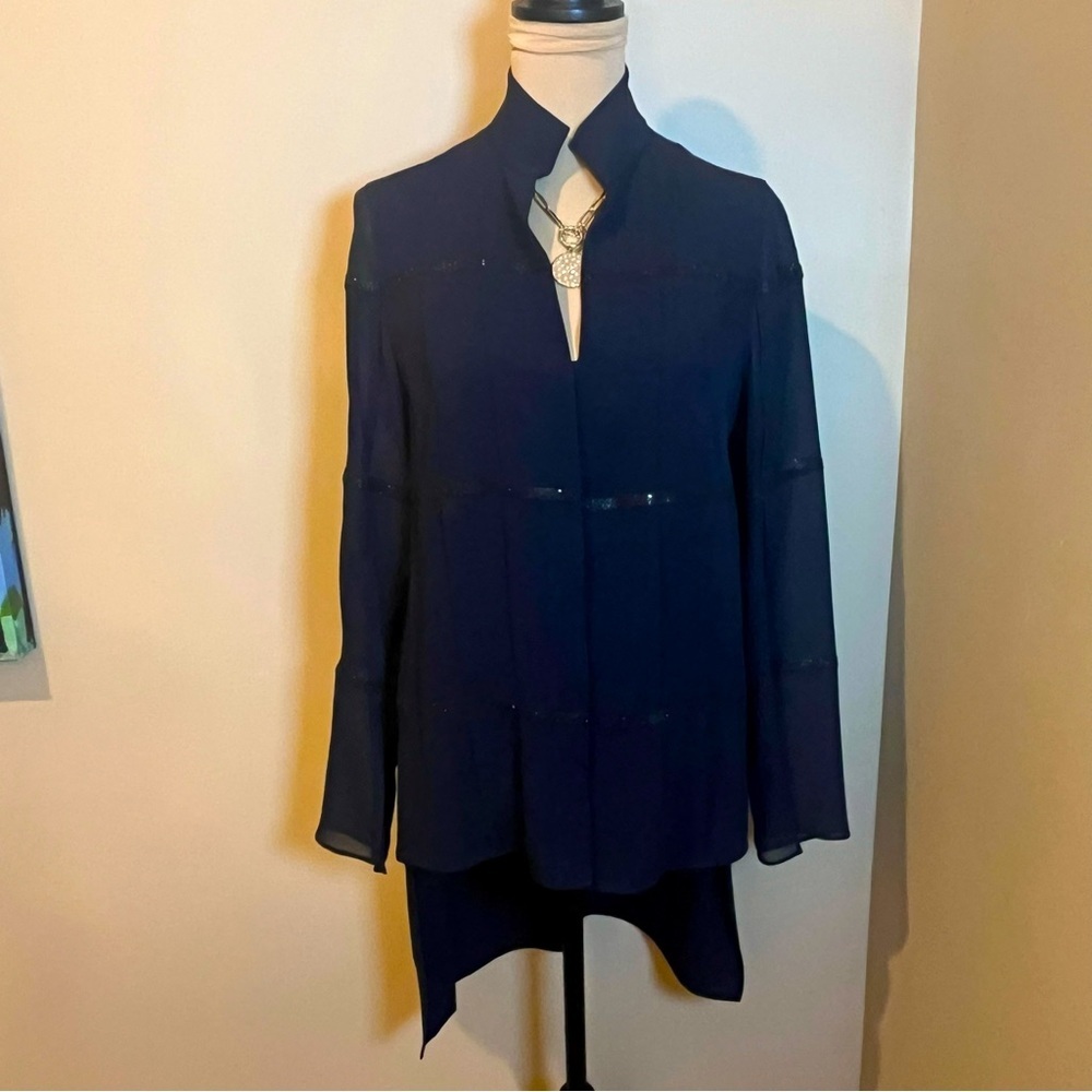 AKRIS Elegant Navy Mulberry Silk Blouse with Black Swarovski Jewel Trim, size 6